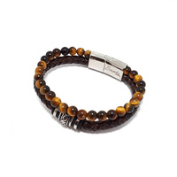 BROWN TIGERS EYE AND BROWN LEATHER DOUBLE STRAND BRACELET WITH BEADS