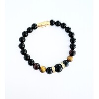 ONYX AND 3 X TIGERS EYE BEADED BRACELET WITH YGP S/STEEL CLASP