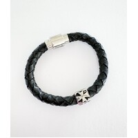 BLACK LEATHER BRACELET WITH CROSS BEAD